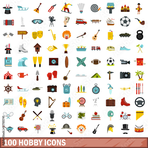 100 hobby icons set, flat style photo