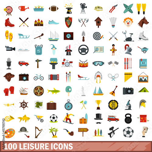 100 leisure icons set, flat style