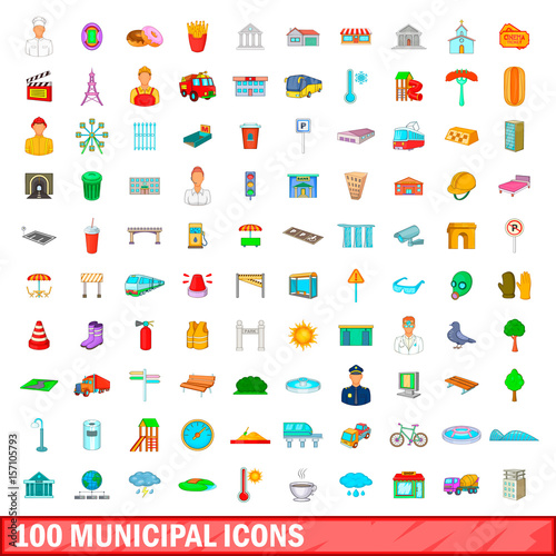 100 municipal icons set, cartoon style