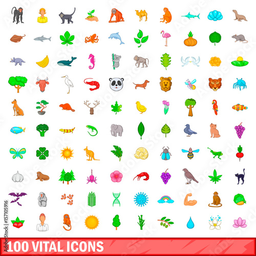 100 vital icons set, cartoon style