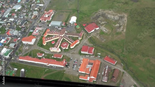 Port of Ushuaia view from above. Beautiful landscape of wild nature. Quiet and calm ecotourism. Panorama of way to cold Antarctica. photo