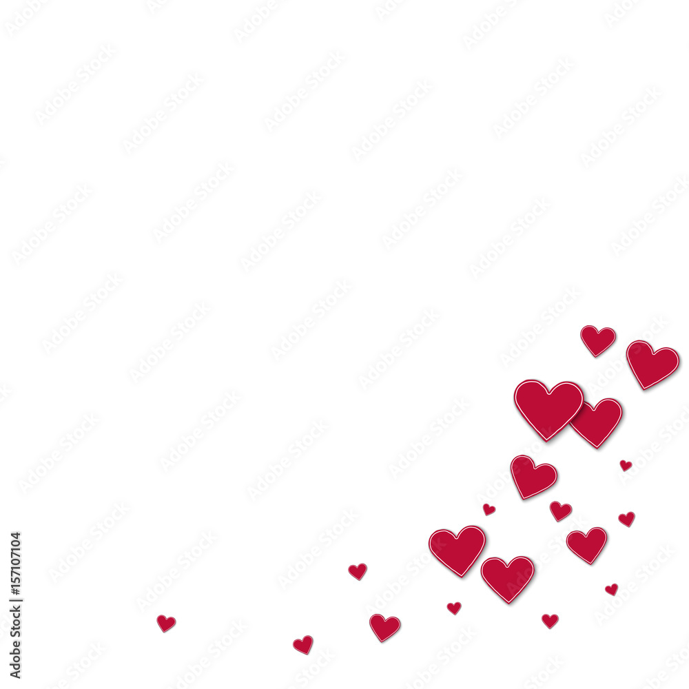 Cutout red paper hearts. Bottom right corner on white background. Vector illustration.
