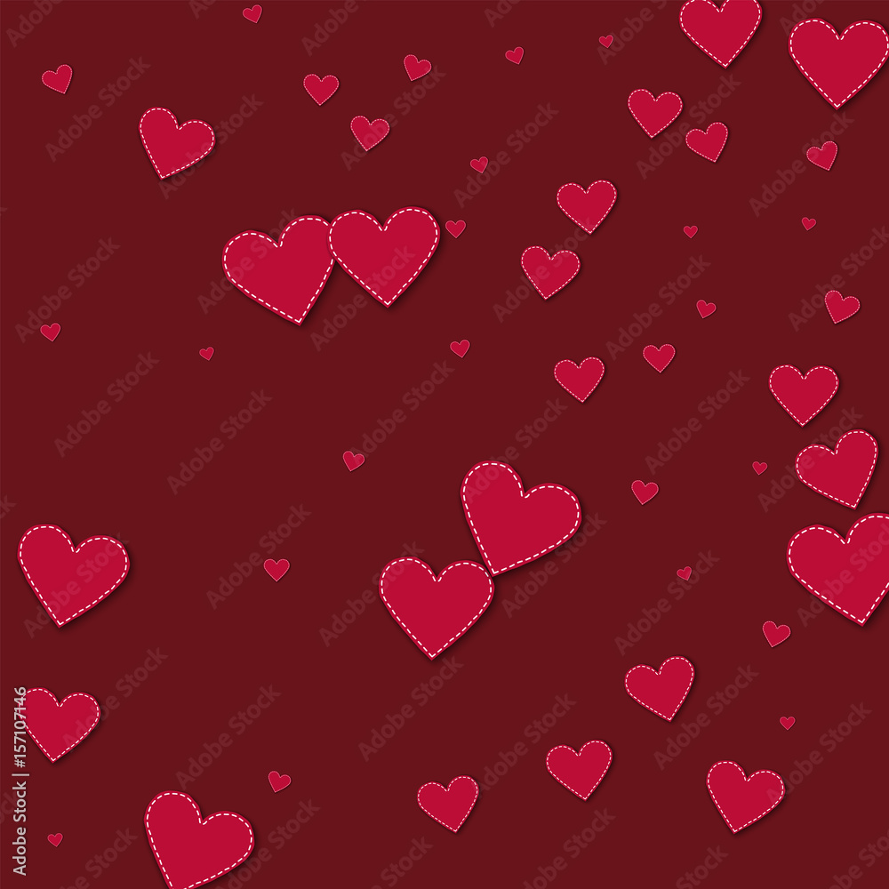 Red stitched paper hearts. Random scatter on wine red background. Vector illustration.