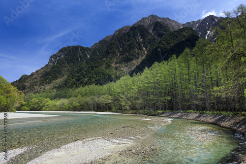 Kamikochi · Azusa river crank and Larch forests mountains in early summer