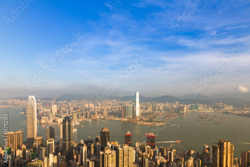 Sunset tone over Hong Kong city downtown, cityscape background © pranodhm