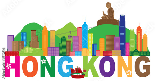 Hong Kong Skyline Buddha Statue Text vector Illustration