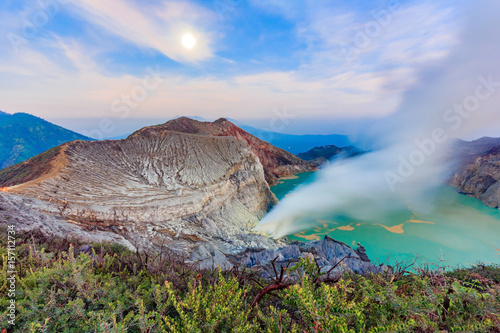 Panoramic view of Kawah Ijen Volcano at Sunrise. The Ijen volcano complex is a group of stratovolcanoes in the Banyuwangi Regency of East Java, Indonesia.