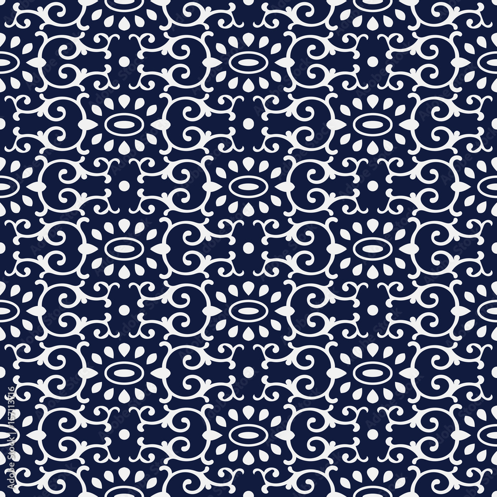 Seamless Blue Chinese Background oriental oval curve spiral cross kaleidoscope