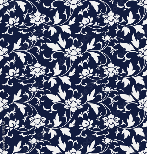 Seamless Blue Chinese Background retro botanic garden flower vine