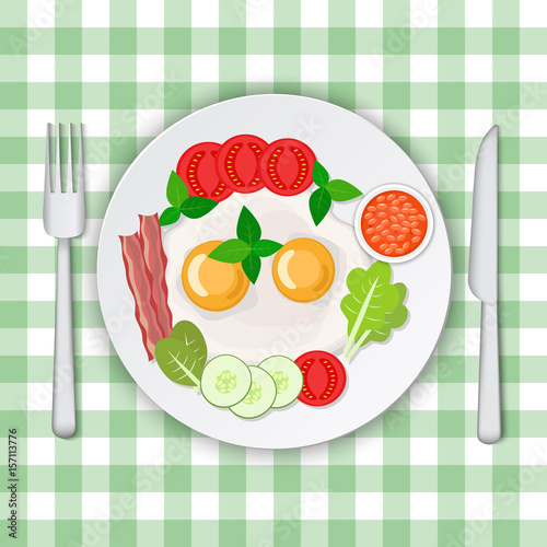 Vector illustration of omelet with bacon and vegetables.  Scrambled eggs breakfast.