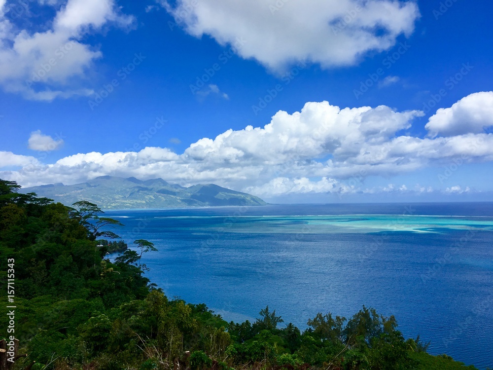 View on Tahiti Iti and the turquoise lagoon from the Belevedere at the Jardin d'eau de Vaipahi, Tahiti, French Polynesia
