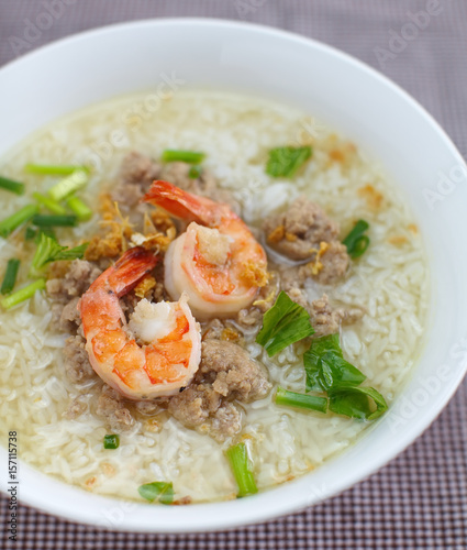 Rice soup bowl with shrimp and pork