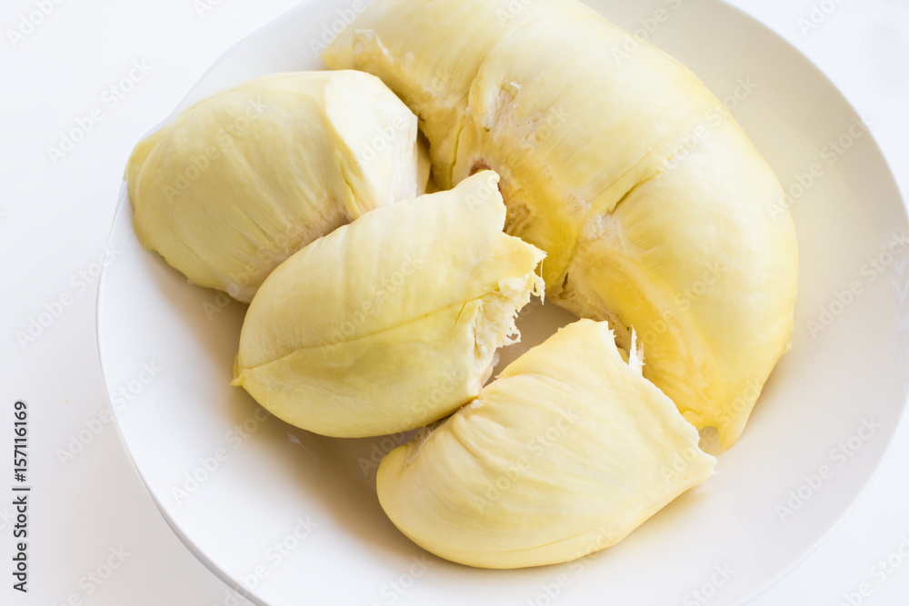 Peeled Durian fruit on white the King of Fruit in Thailand Peeled Durian fruit on white the King of Fruit in Thailand