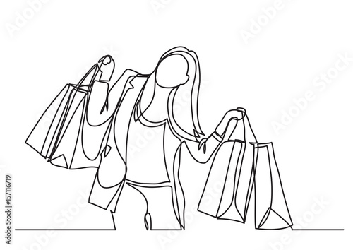 happy woman carrying shopping bags - continuous line drawing
