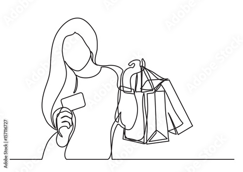 shopping woman with bags and credit card  - single line drawing
