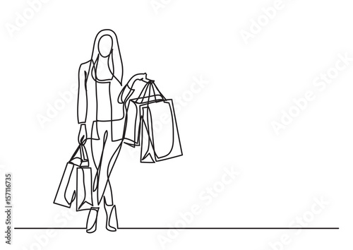 shopping woman with bags  - single line drawing
