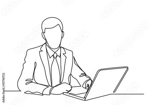 businessman working on laptop computer - single line drawing