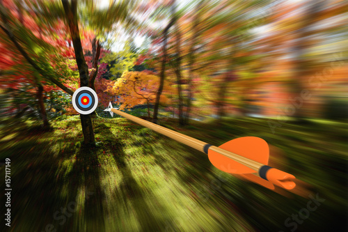 Fotografiet Arrow moving with precision and blurred motion toward an archery target, part ph