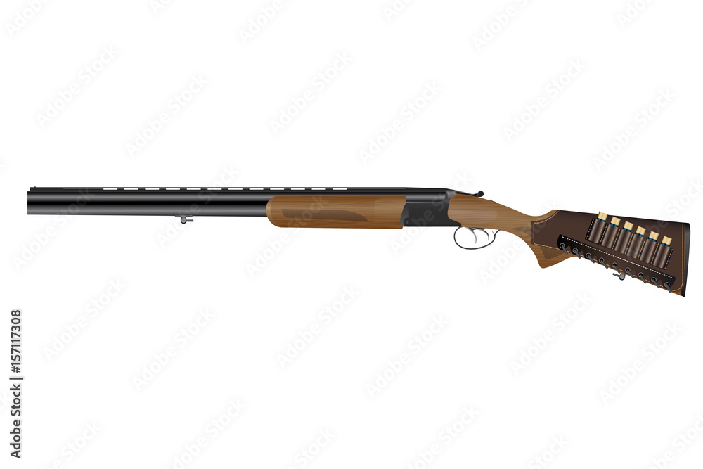 Realistic classic vertical two barrels hunting rifle. Wooden fore and butt, cartridges in leather bandolier. Isolated on white background. Vector illustration EPS 10. Realistic classic vertical two barrels hunting rifle. Wooden fore and butt, cartridges in leather bandolier. Isolated on white background. Vector illustration EPS 10.