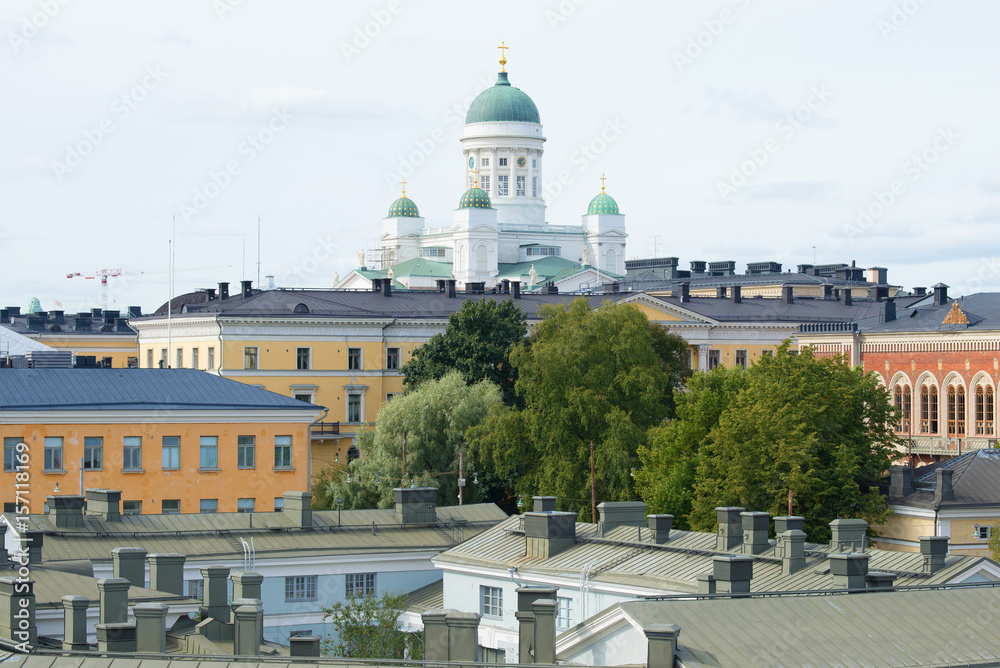 Above the roofs of the old Helsinki. View of the dome of the Cathedral of St. Nicholas, Helsinki