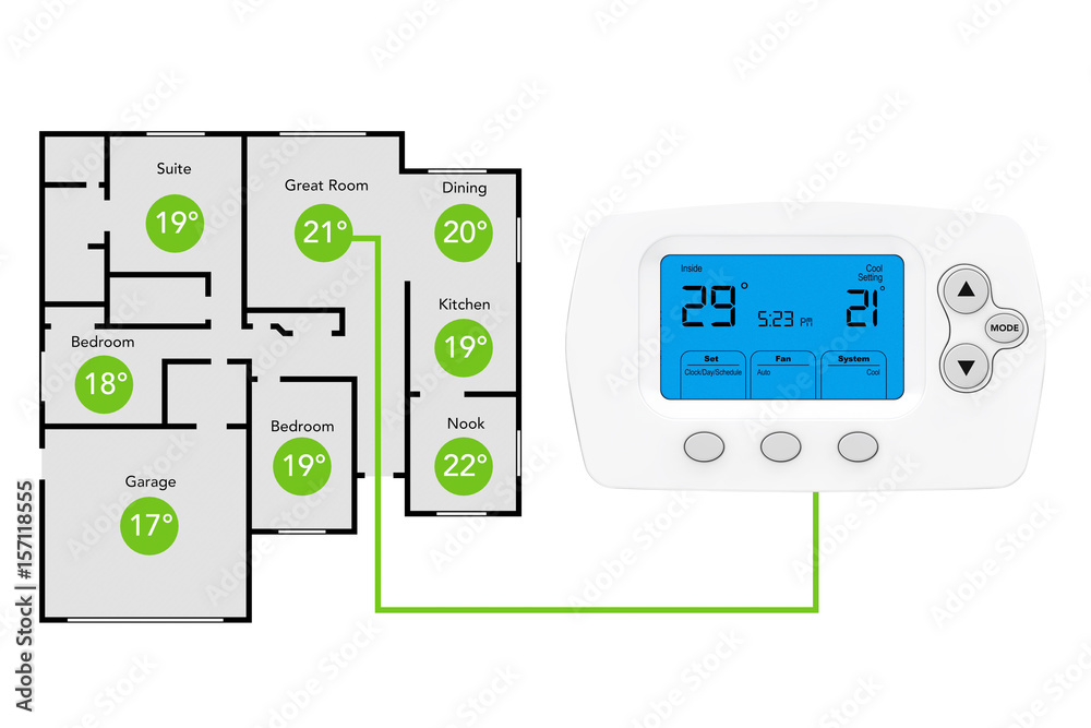 Modern Programming Thermostat and Climate Control System with Home Plane. 3d Rendering Modern Programming Thermostat and Climate Control System with Home Plane. 3d Rendering