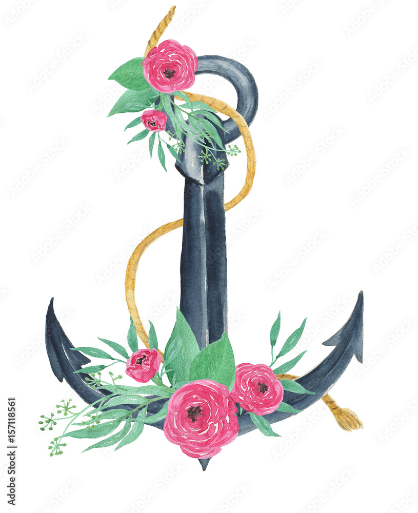 Watercolor painting anchor with flowers isolated on white Stock