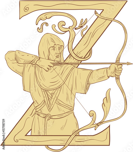 Medieval Archar Aiming Bow and Arrow Letter Z Drawing