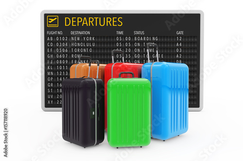 Air Travel Concept. Large Multicolour Polycarbonate Suitcases near Airport Departures Table. 3d Rendering