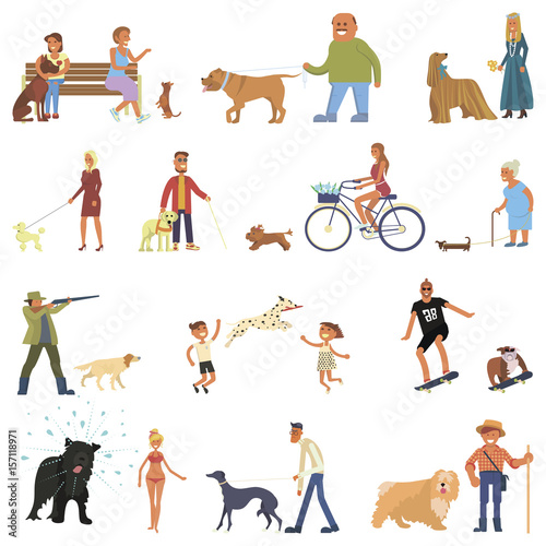 People walking with different breeds of dogs set. Isolated on white background vector illustration eps 10 