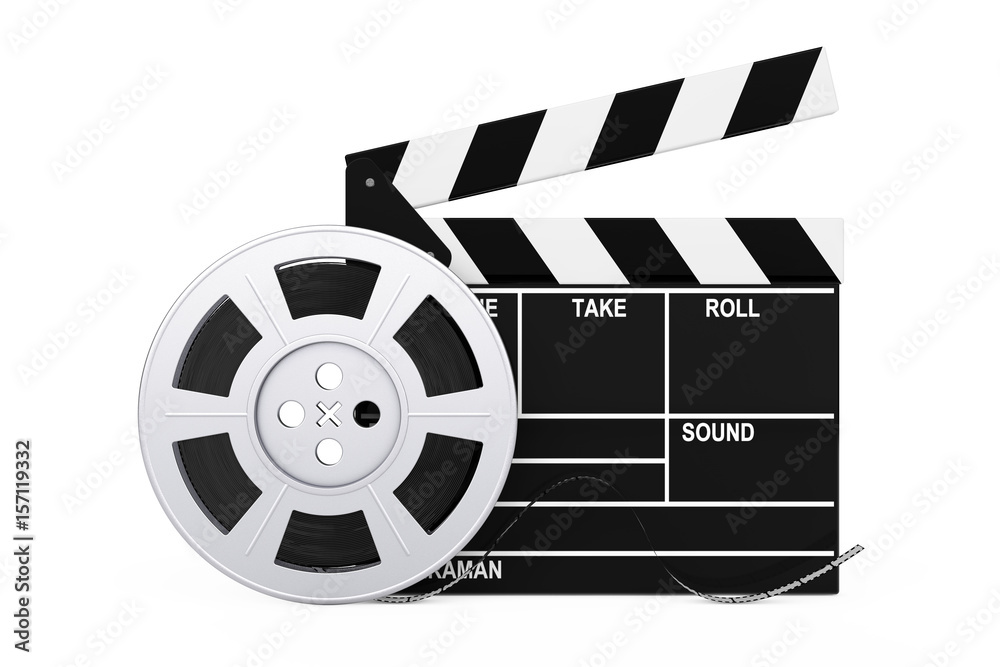 Obraz premium Film Reel with Cinema Tape near Clapboard. 3d Rendering