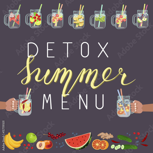 Vector illustration of Detox water with Fruits, vegetables or berries. Handmade lettering Isolated for diet menu, cafe and restaurant menu. Fresh smoothies, fruit cocktail for healthy life.