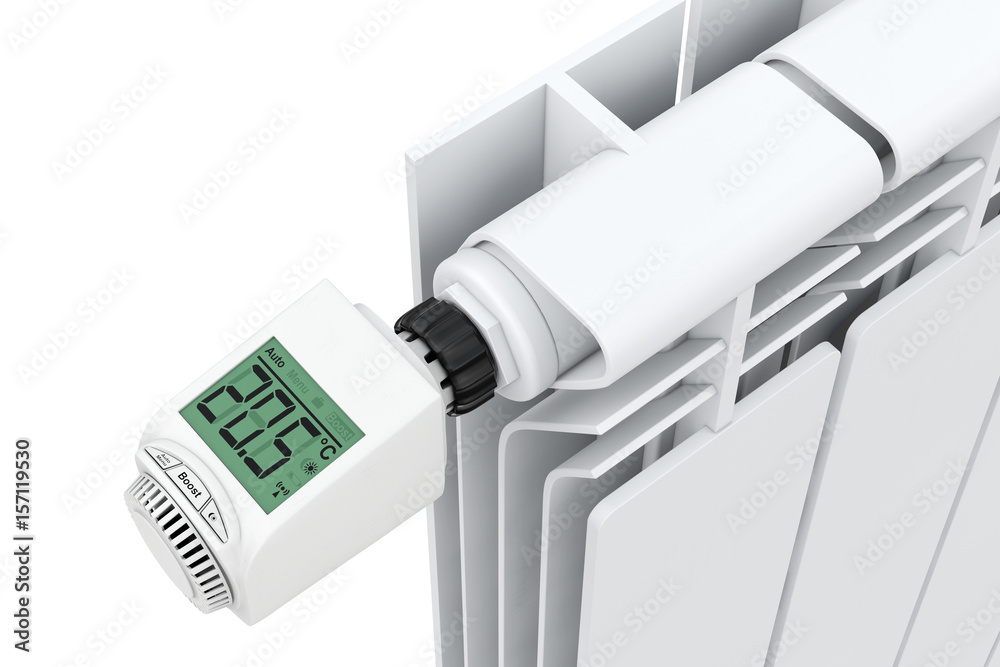 Digital Wireless Radiator Thermostatic Valve connected to Radiator. 3d Rendering Digital Wireless Radiator Thermostatic Valve connected to Radiator. 3d Rendering