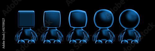 five blue human 3d people with heads shaped from spherical to cubical in front of a black background