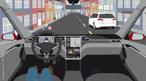 Driverless car on a city street. Autonomous self driving mode. Vector illustration EPS 10.