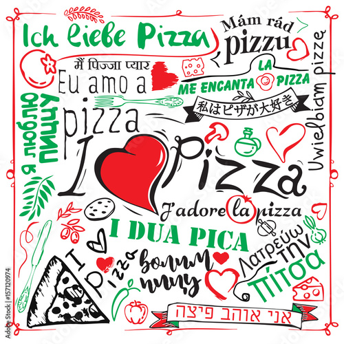 Vintage pizza sign, background, template or pizza box design. I love pizza in different languages