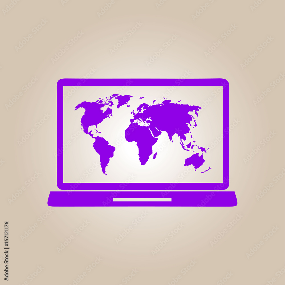 Laptop and world map illustration. World map geography symbol. Flat design style. Laptop and world map illustration. World map geography symbol. Flat design style.