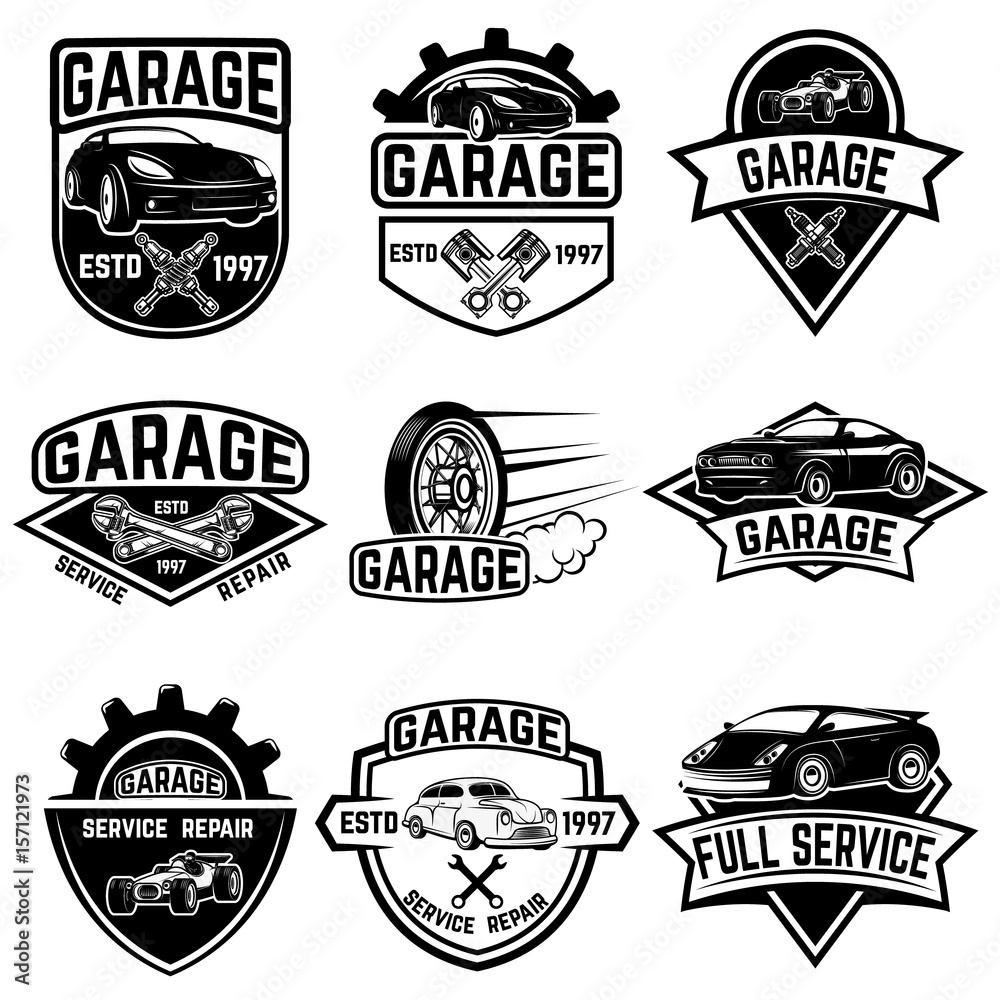 Obraz premium Set of vintage car service labels. Design elements for logo, label, emblem, sign, badge. Vector illustration