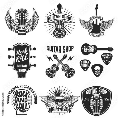 Set of guitar store emblems. Design elements for logo, label, emblem, sign, badge, poster. Vector illustration