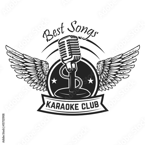 karaoke club label template. Emblem with vintage microphone and wings. Vector illustration