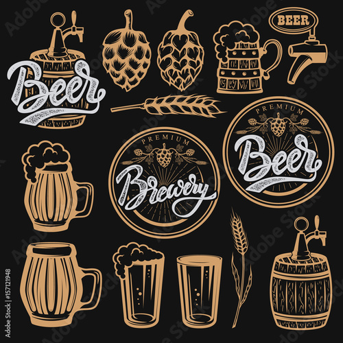 Set of elements for beer labels design. Beer mugs, hop, wheat. Vector illustration.