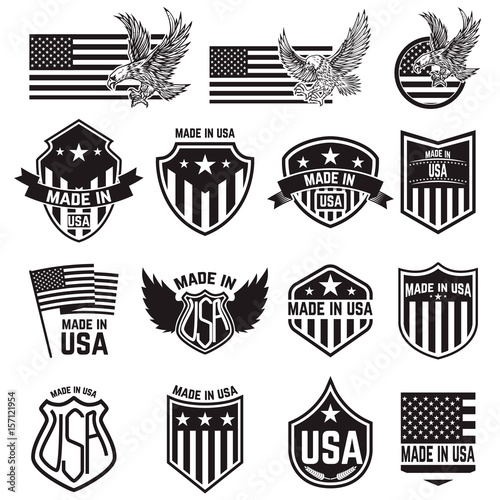 Set of made in usa labels. Emblems with an american flag, eagles. Vector design elements