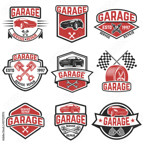 Set of vintage car service labels. Design elements for logo, label, emblem, sign, badge. Vector illustration