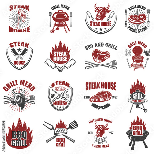 Set of steak house labels. BBQ, butcher tools, bull heads. Design elements for logo, badge, emblem, sign, restaurant menu, flyer. Vector illustration