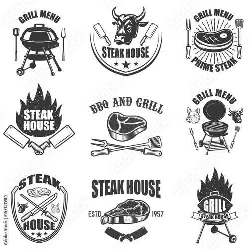Set of steak house labels. BBQ and grill. Design elements for logo, label, emblem, sign, badge. Vector illustration