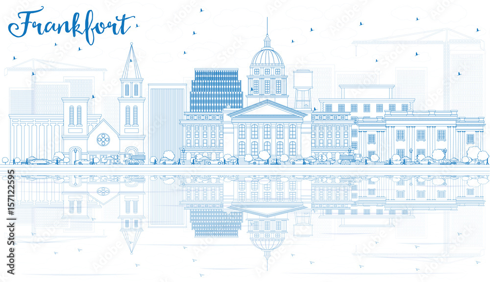 Outline Frankfort Skyline with Blue Buildings and Reflections.