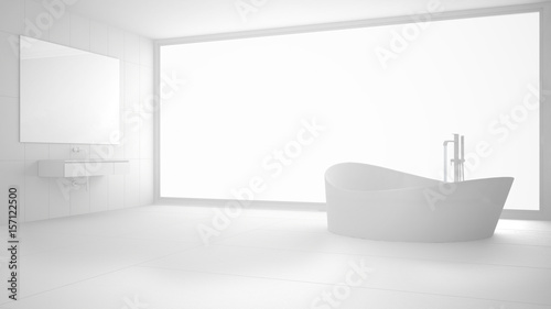 Total white modern bathroom with big window  minimalist interior design