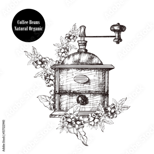 Vintage coffee grinder. Hand drawn sketch style.Coffee mill engraving, ink, line art, vector.Apparatus for grinding coffee beans. Isolated on white background.