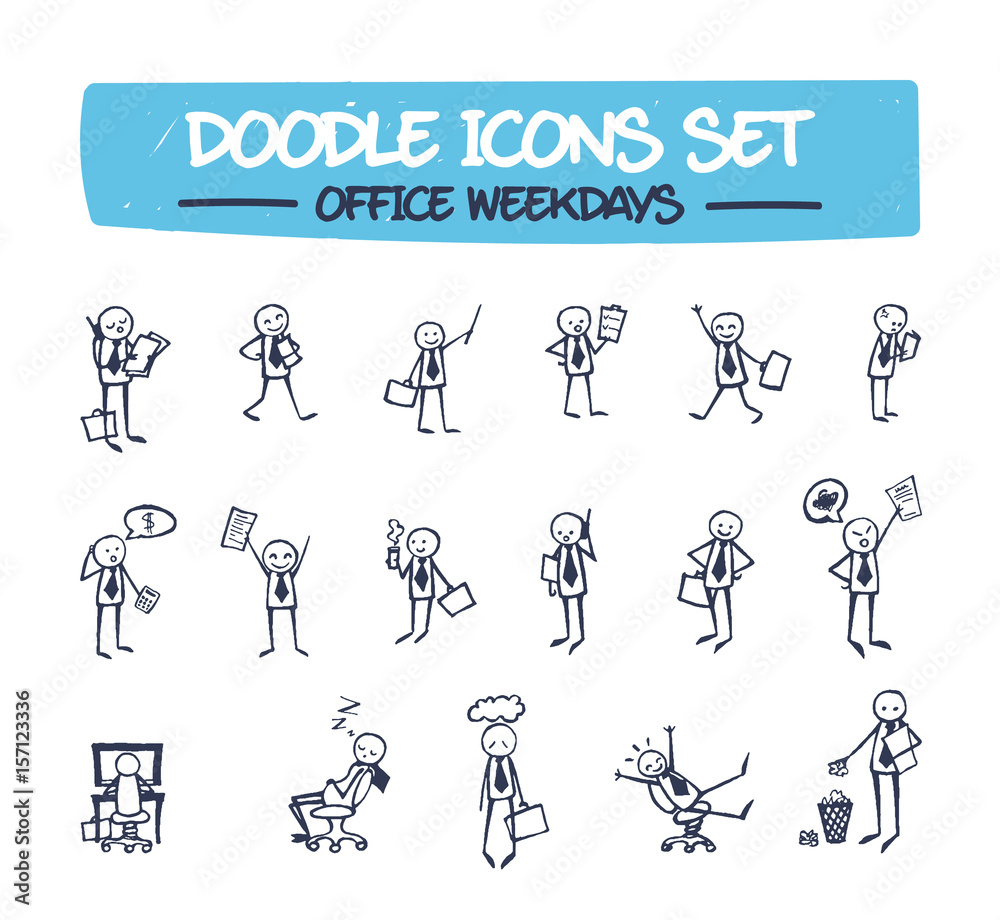 Doodle Icons Set - Drawn Office Man. Sketch Illustration of Hand Drawn Character Depicting Different Emotions and Scenes of Office Life. Drawing Line Icons for Web, Business, and Your Presentations . Doodle Icons Set - Drawn Office Man. Sketch Illustration of Hand Drawn Character Depicting Different Emotions and Scenes of Office Life. Drawing Line Icons for Web, Business, and Your Presentations .