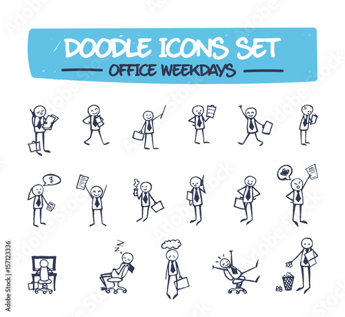 Doodle Icons Set - Drawn Office Man. Sketch Illustration of Hand Drawn Character Depicting Different Emotions and Scenes of Office Life. Drawing Line Icons for Web, Business, and Your Presentations .