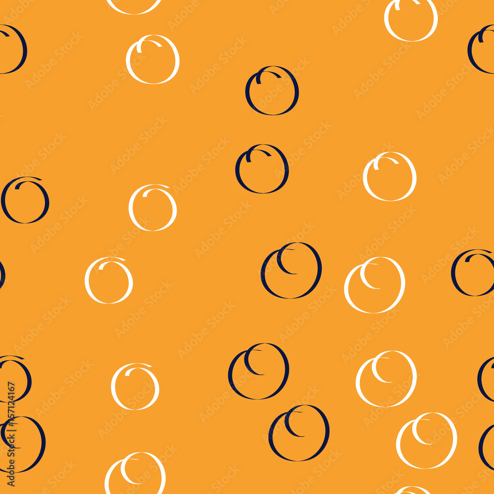 Seamless vector drawn pattern with hand drawn white and blue circles on orange background.
